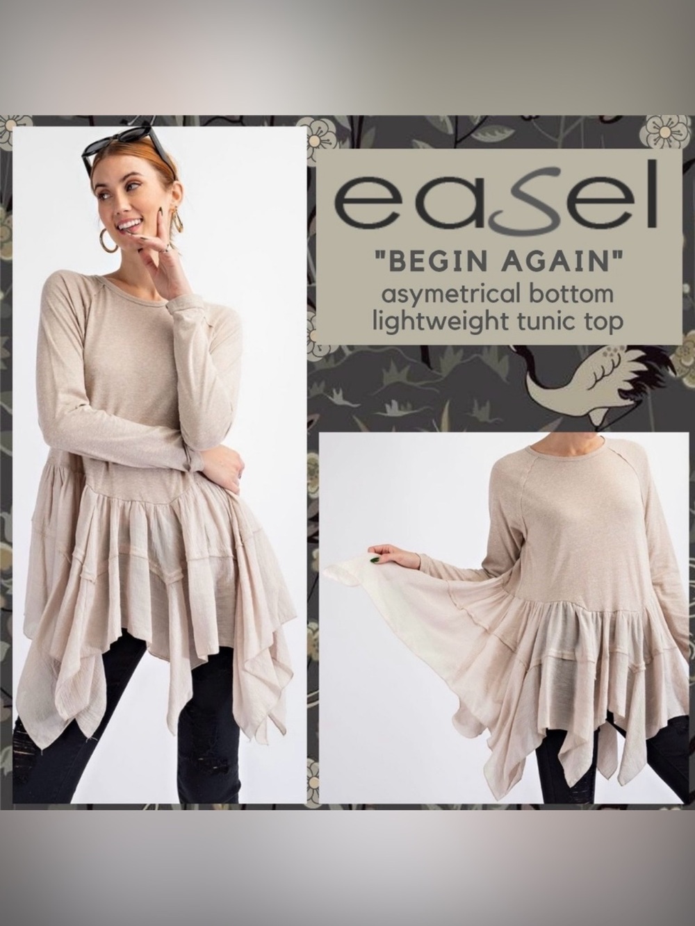 easel NWT Sz M Soft Oversized Cream Ruffled Hem Tunic Top (0818)